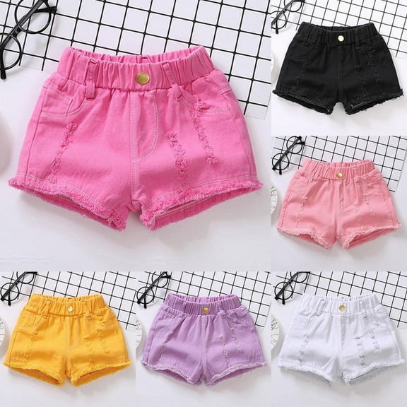 lcziwo Girls Ripped Denim Shorts Elastic Waist Summer Casual Jeans Shorts with Pockets Hot Pink 7 Years