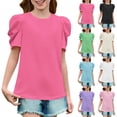 thumbnail image 1 of lcziwo Girls Ruffle Sleeve Shirts Kids Cute Crewneck Tops Solid Color Casual Summer Blouse Going Out Outfits Purple, 1 of 9