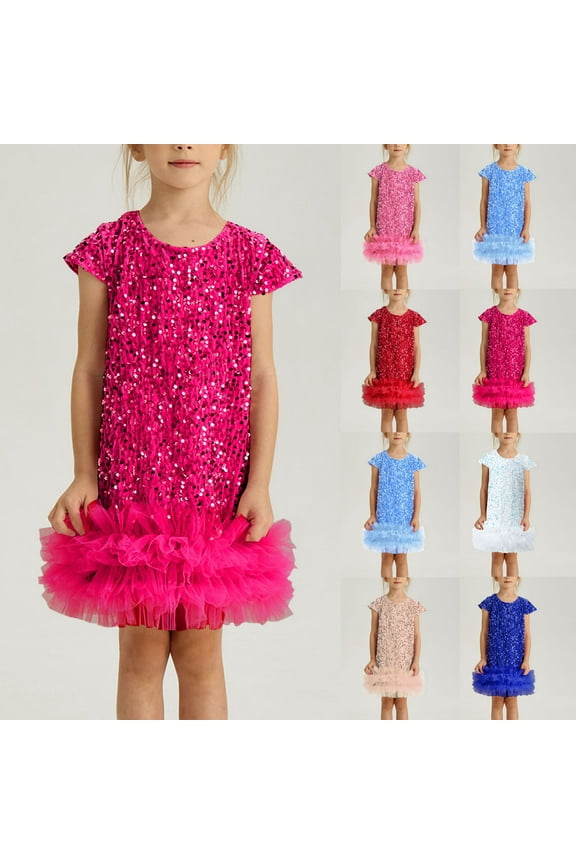 Girls Sequin Dress Shiny Short Cap Sleeve Midi Sparkly Party Dress Kids Petite A Line Glitter Performance Dresses, Hot Pink, 9-10 Years