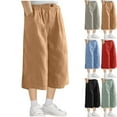thumbnail image 1 of lcziwo Girls Shorts Wide Leg Linen Knee Length Capri Pants Solid Casual Elastic Waist Loose Long Shorts with Pockets Black Camisas Para Hombres, 1 of 9