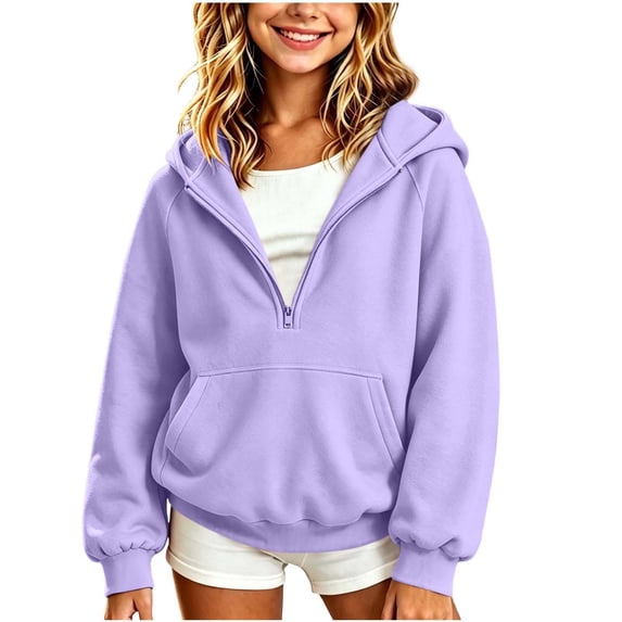 lcziwo Girls Solid Color Hoodie Raglan Half Zip Hooded Sweatshirts with Pockets Oversized Long Sleeve Outdoor Hoodies 2026 Purple,3-4 Years