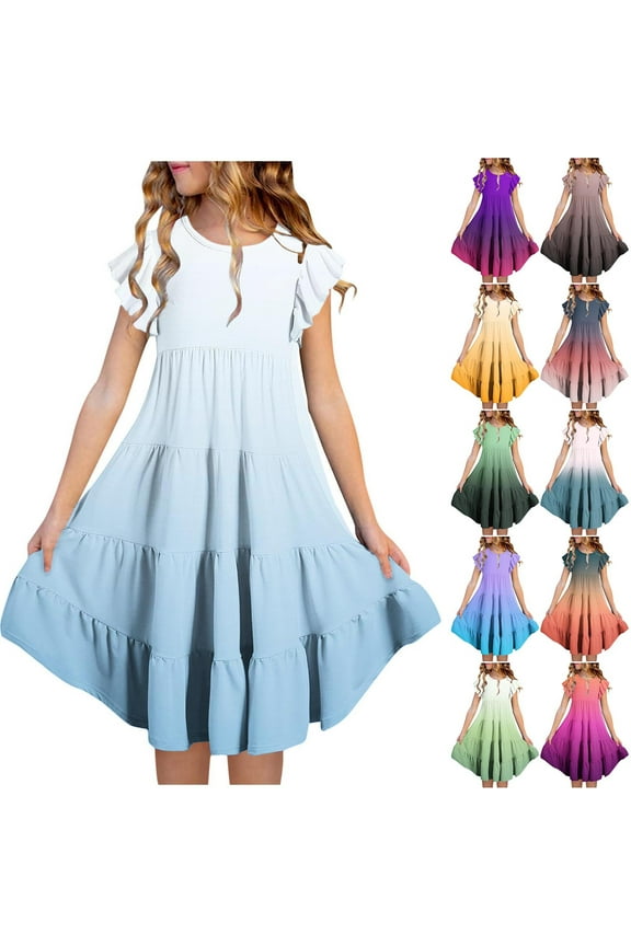 lcziwo Girls Summer Boho Sun Dress Tween Ruffles Tiered Dresses Gradient Casual Midi Dress Army Green 14 Years