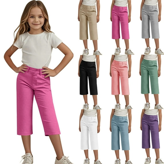 lcziwo Girls Summer Capri Pants Dressy Casual Suit Pant Slim Stretchy Straight Leg Cropped Trouser with Pockets White