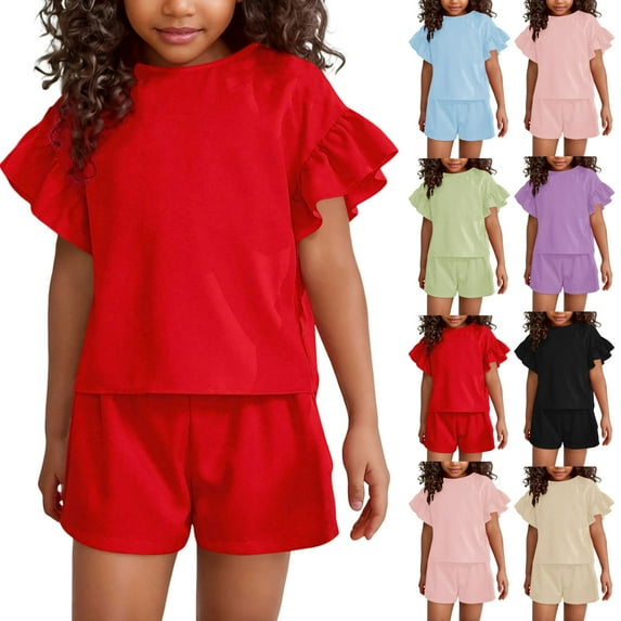 lcziwo Girls Summer Clothes 2 Piece Ruffle Sleeve Cute Casual Lounge Set Solid Round Neck T Shirt and Drawstring Elastic Waist Shorts Red 10-11 Years