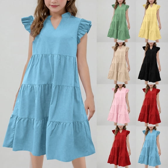 lcziwo Girls Summer Dress Ruffle Sleeve V Neck Midi Dresses Fashion Casual Flowy Tiered Dress Boho Beach Vacation Sundress Pink 140