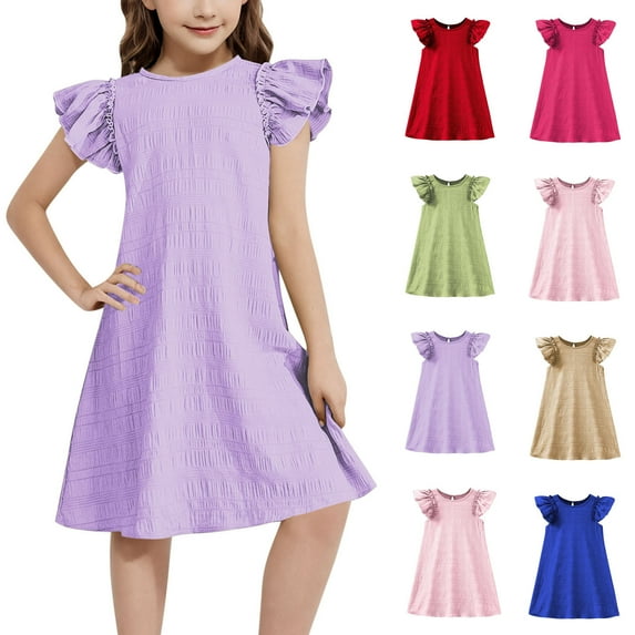 lcziwo Girls Summer Dresses Cute Double Layer Ruffle Sleeve Smocked Flowy Dress Solid Color A Line Beach Sundress Red 6-7 Years Ofertas Del Dia de Hoy Relampago