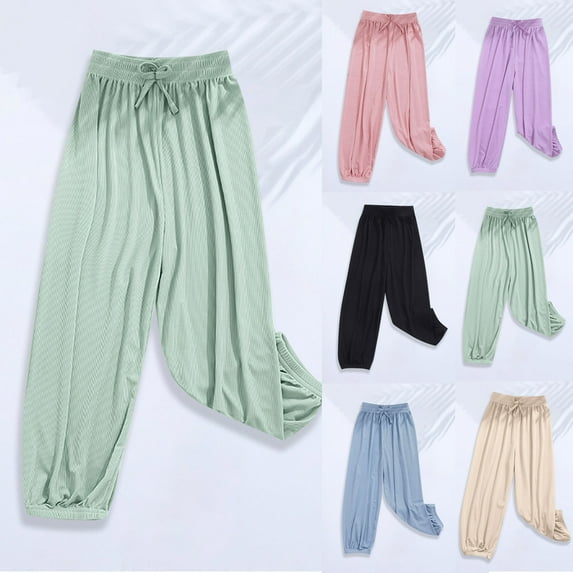 lcziwo Girls Summer Thin Ice Silk Harem Pants Loose Drawstring Elastic Waist Comfy Kids Sweatpants Casual Comfy Trousers Sleepwear Black Ropa de Verano Para Mujer