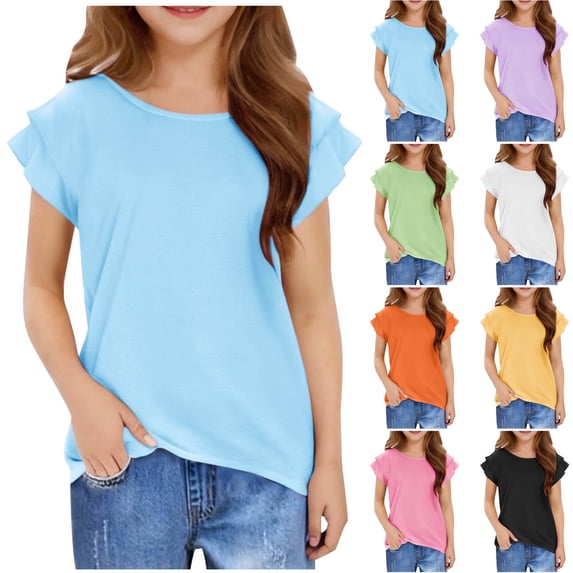 lcziwo Girls T Shirts Ruffle Short Sleeve Round Neck Loose Blouse Summer Solid Color Casual Kids Tee Tops Pink
