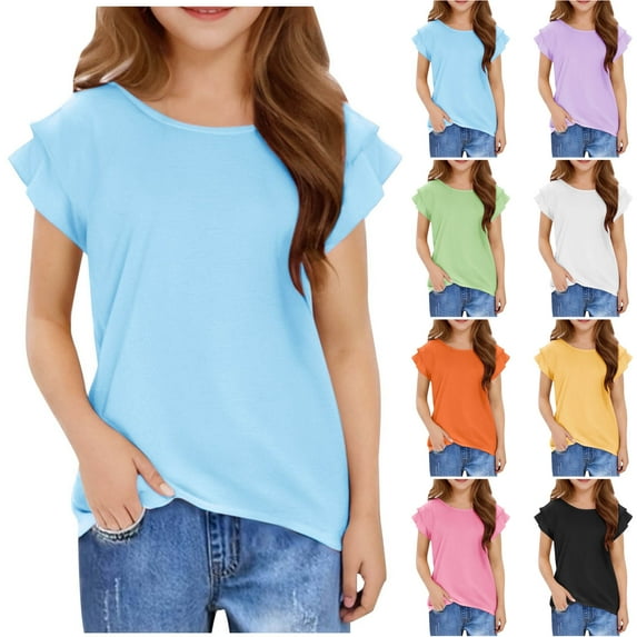 lcziwo Girls T Shirts Ruffle Short Sleeve Round Neck Loose Blouse Summer Solid Color Casual Kids Tee Tops Yellow