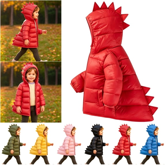 lcziwo Girls Winter Hooded Puffer Jackets Zip Up Cute Dinosaur Padded Coats Waterproof Warm Outerwear
