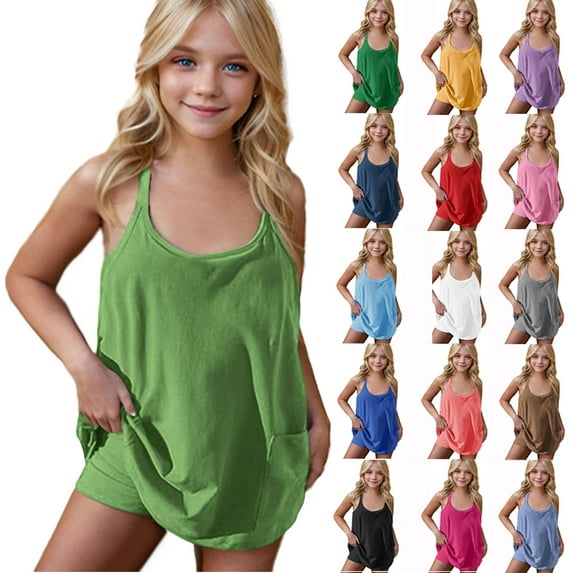 lcziwo Girls Workout Tennis Dress with Shorts Spaghetti Straps Romper Dresses Casual Summer Sleeveless Jumpsuits Blue Ofertas de Hoy en Liquidación