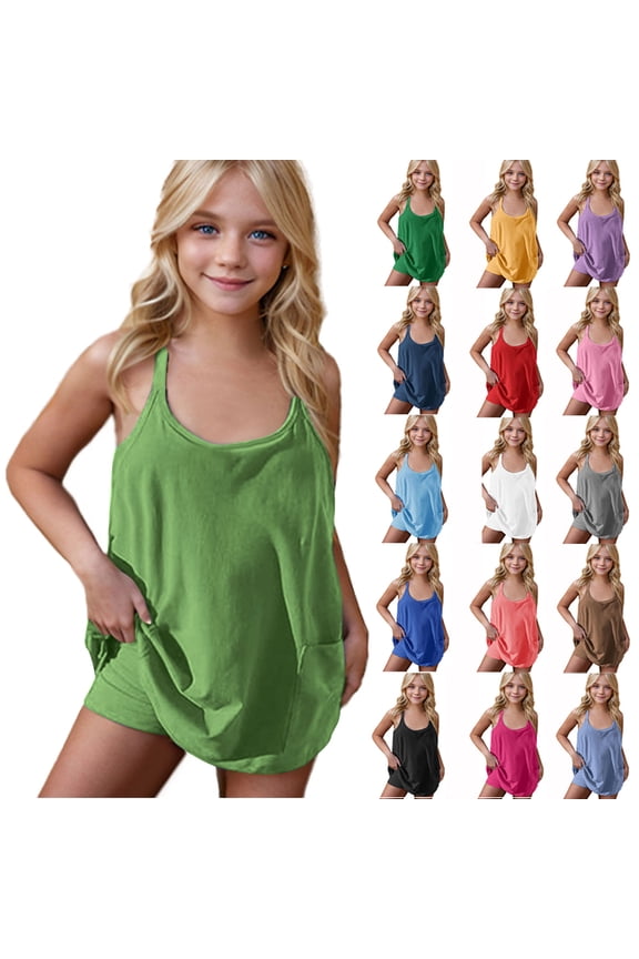 Girls Workout Tennis Dress with Shorts Spaghetti Straps Romper Dresses Casual Summer Sleeveless Jumpsuits Purple Birthday Gifts