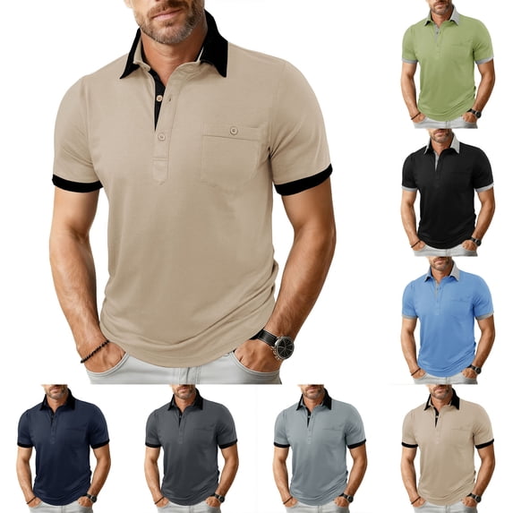 lcziwo Golf Poloss for Men with Pockets Big and Tall Workout Outdoor Collared Blouse Cotton Color Block Short Sleeve Classic Fit Shirts Navy XXXL