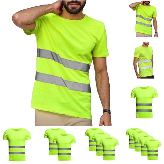 lcziwo Green 2Pcs Mens Hi Vis Shirt High Visibility Reflective Safety Work Tops Short Sleeve Crewneck Tees Mesh Breathable Workwear XL