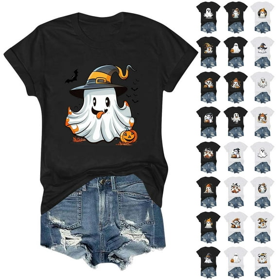 lcziwo Halloween Shirts for Women Cute Ghost Graphic Tees Fall Casual Short Sleeve Tops Cotton Comfy Tshirts, Black, XXL