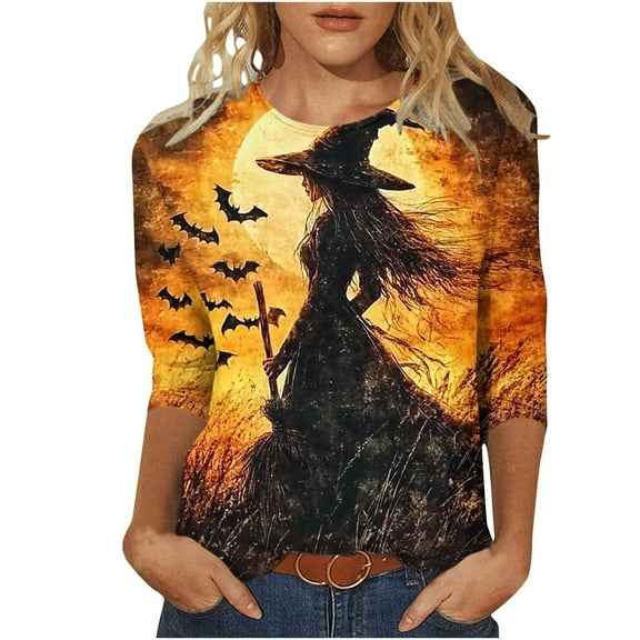 lcziwo Halloween Shirts for Women Witches Print Crew Neck Blouses Summer 2025 Casual Trendy Tops 3/4 Length Sleeve Scary Soft Tees Multicolor,L