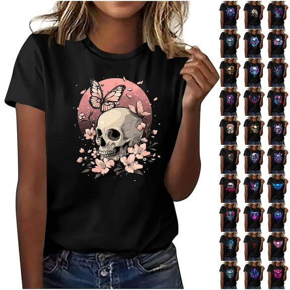 lcziwo Halloween Skull Shirt for Women Novelty Graphic Tee Funny Gothic Print Tops Casual Loose Fit Crewneck Short Sleeve Blouse Teen Girl Clothes, Black, M