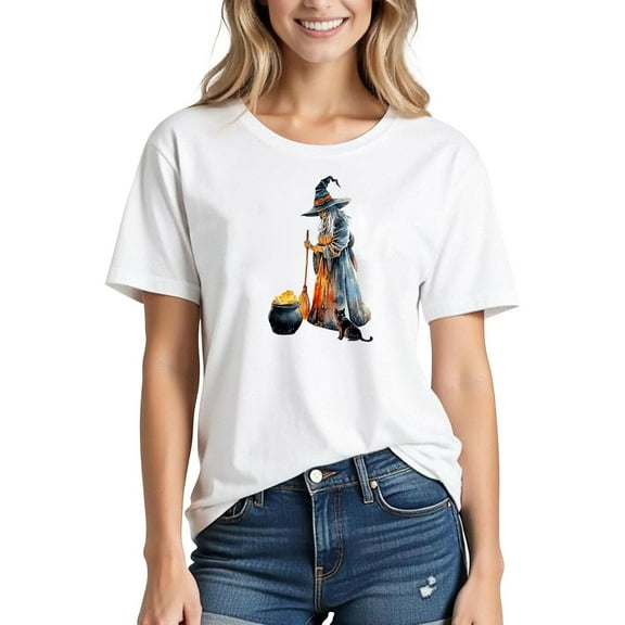 lcziwo Halloween Witch Shirts for Women Cute Printed Fall Tees Short Sleeve Round Neck Blouses Spooky Casual Trendy 2025 Tops White,L