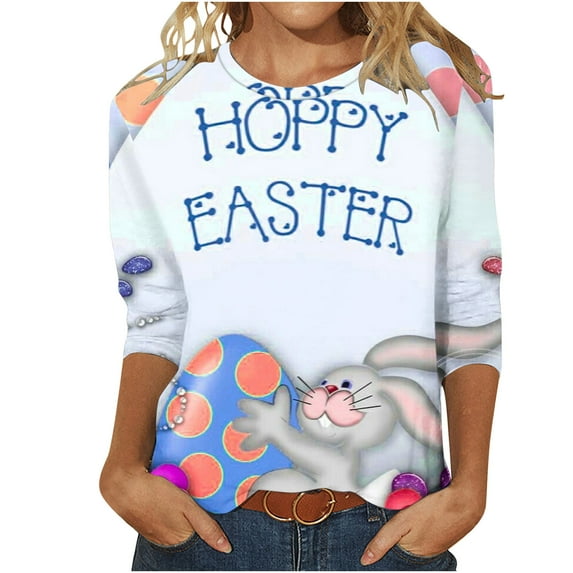 lcziwo Happy Easter T Shirts for Women 3/4 Length Sleeve T Shirt Funny Bunny Graphic Tees Casual Dressy Holiday Blouses Loose Soft Tunic Tops