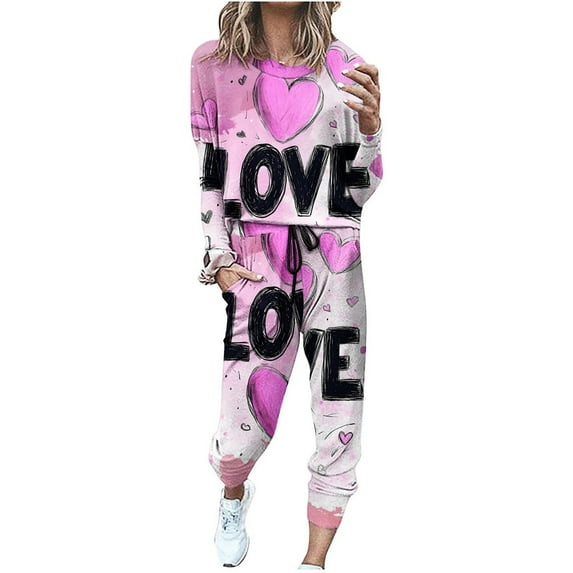 lcziwo Holiday Sales 2 Piece Joggers Sets for Women Plus Size Long Sleeve Crew Neck Tops Matching Drawstring Sweatpants with Pockets Sets Valentine's Day Love Heart Print Lounge Suits,Multicolor,XL