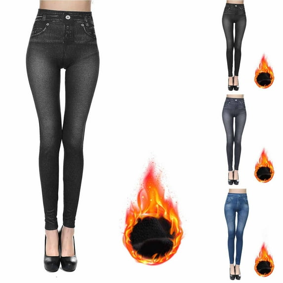 lcziwo Holiday Sales, High Waisted Imitation Denim Pants for Women Winter Spring Fleece Lined Leggings Solid Tight Jean Trousers with Pockets Black S