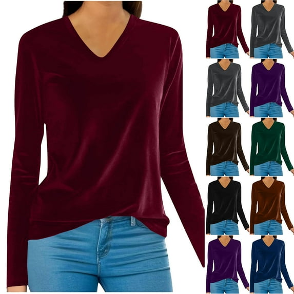 lcziwo Holiday Sales Velvet Tops for Women Long Sleeve Plus Size Long Sleeve Solid Color Undershirts Casual Lightweight V Neck Blouses,Wine,XXXL