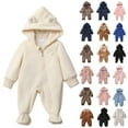 thumbnail image 1 of lcziwo Hooded Jumpsuit Fleece Long Sleeve Button up Rompers Winter Comfy Snowsuit with Pockets Coffee, 1 of 10