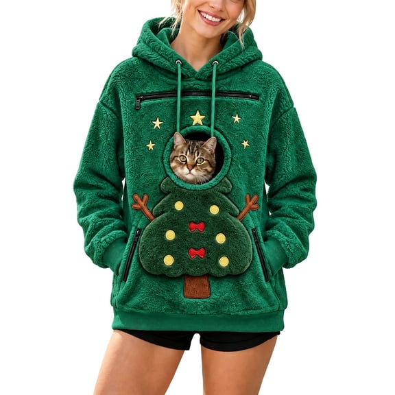 lcziwo Hoodie with Cat Pouch for Women Christmas Pet Carrier Hoodies Fleece Pullover Winter Warm X‑mas Hooded Sweatshirt 2026 Green,S