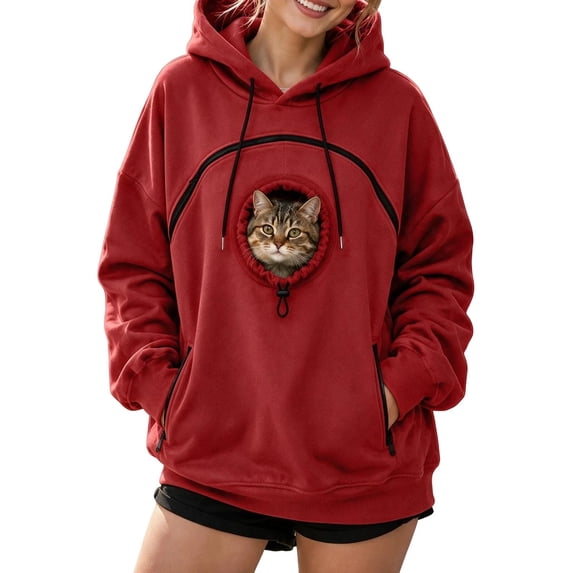 lcziwo Hoodie with Dog Pouch Pet Pocket Sweatshirt for Women Hoodies Oversized Cat Carrier Hooded Sweatshirt Tops 2026 Red,L