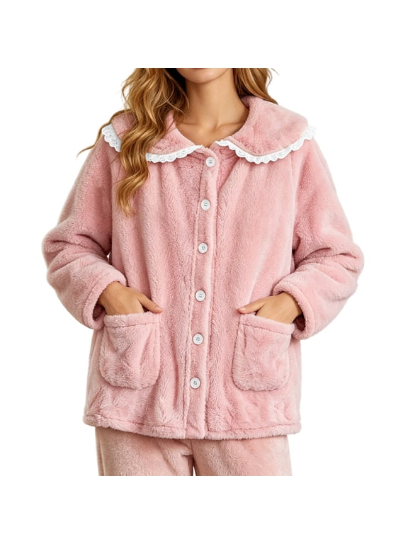 House Coats for Elderly Women Lace Trim Peter Pan Collar Fleece Bed Jackets Coat Button Fuzzy Pajamas Tops with Pocket Pink,M