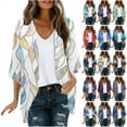 thumbnail image 1 of lcziwo Hoy Oferta Flash, Women's Petite Resort Wear Coverups Swimsuits Light Weight Chiffon Cardigans Floral Print 3/4 Sleeve Kimono Cardigan Cover Up Tops Blue M, 1 of 6