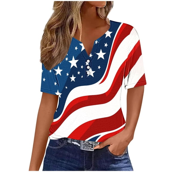 lcziwo Independence Day Shirts for Women 3/4 Sleeve V Neck Blouses Button Up American Flag Print Tops Patriotic Casual Summer 2025 Tunic Tees Multicolor,S