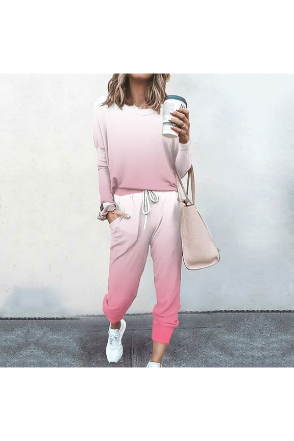 Jogging Suits for Women 2 Piece Set Workout Drawstring Track Pant with Pockets Gradient Print Crewneck Sweatshirt Pants Set 2025 Pink L