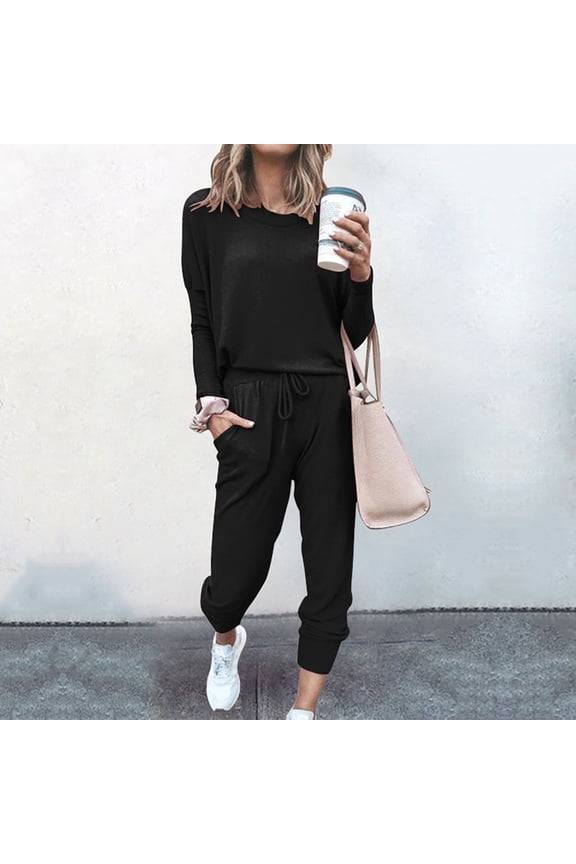 Jogging Suits for Women 2 Piece Set Workout Drawstring Track Pant with Pockets Solid Color Crewneck Sweatshirt Pants Set 2025 Black M