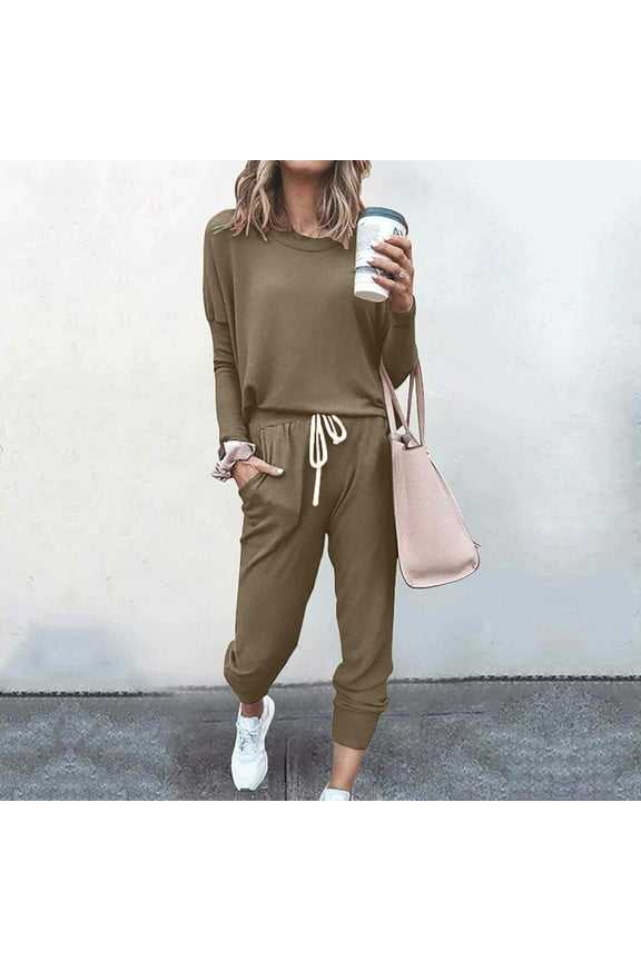 Jogging Suits for Women 2 Piece Set Workout Drawstring Track Pant with Pockets Solid Color Crewneck Sweatshirt Pants Set 2025 Coffee M