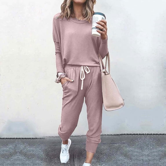 lcziwo Jogging Suits for Women 2 Piece Set Workout Drawstring Track Pant with Pockets Solid Color Crewneck Sweatshirt Pants Set 2025 Pink 3XL