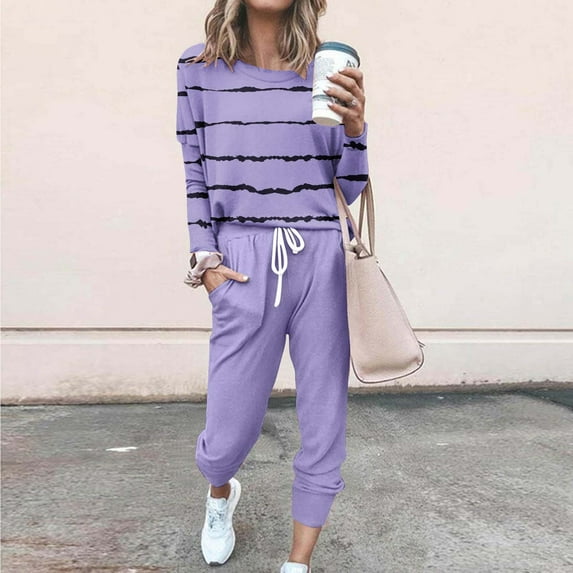 lcziwo Jogging Suits for Women 2 Piece Set Workout Drawstring Track Pant with Pockets Stripes Printed Crewneck Sweatshirt Pants Set 2025 Purple 4XL