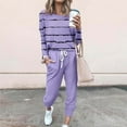 thumbnail image 1 of lcziwo Jogging Suits for Women 2 Piece Set Workout Drawstring Track Pant with Pockets Stripes Printed Crewneck Sweatshirt Pants Set 2025 Purple L, 1 of 1