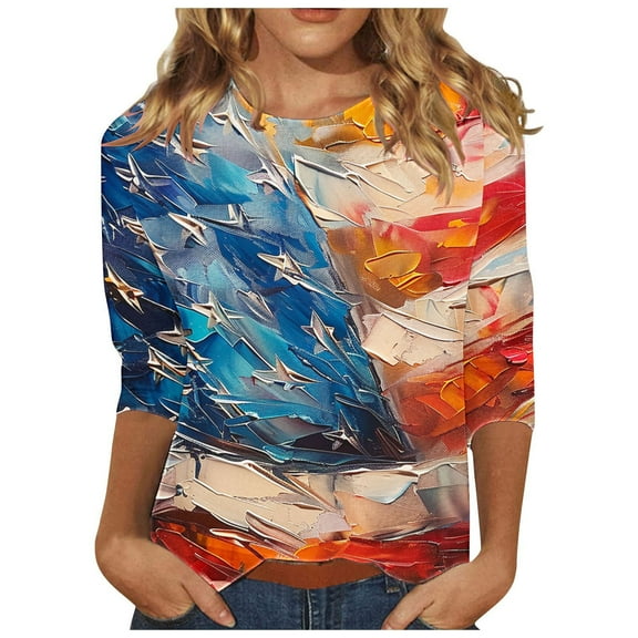 lcziwo July 4th Shirts for Women Plus Size Funny Patriotic Graphic Print Tops 3/4 Length Sleeve Round Neck Tunic Tees Casual Summer 2025 Blue,XXXL