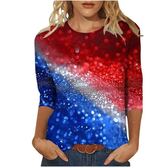 lcziwo July 4th Shirts for Women Plus Stars and Striped Graphic Print Shirts 3/4 Length Sleeve Crew Neck Blouses Summer 2025 Multicolor,XL