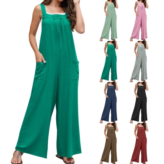 lcziwo Jumpsuits for Women Lightweight Cotton Linen Rompers Summer Dressy Sleeveless Wide Leg Overalls Solid Casual One Piece Jumper Pants with Pockets Sales of The Day Clearance Prime