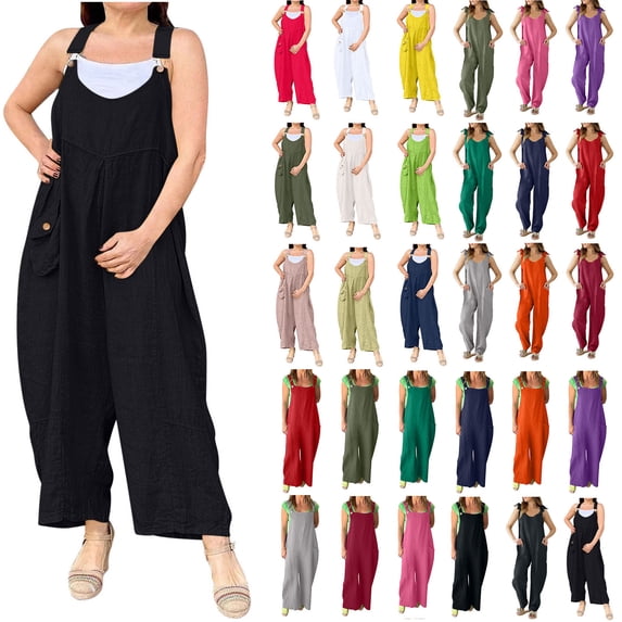 lcziwo Jumpsuits for Women Loose Fit Sleeveless Strap Playsuit Summer Cotton Linen Bib Overalls Solid Color Onesie Pants with Pockets Green S Fall Savings