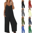 thumbnail image 1 of lcziwo Jumpsuits for Women Loose Sleeveless Spaghetti Strap Romper Ribbed Knit Wide Leg Overalls Solid Color One Piece Jumper Pants with Pockets, 1 of 7