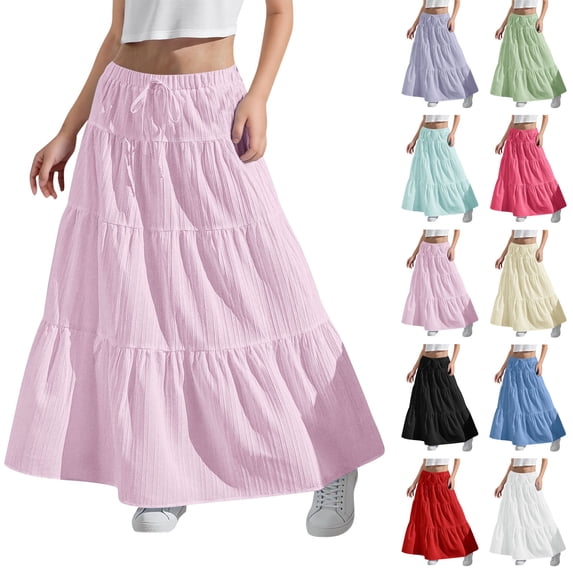 lcziwo Kids Flowy Ruffle Boho Long Skirt Casual Tiered Drawstring High Waist Maxi Skirts Girls Vacation Going Out Outfits, Red, 4-5Years