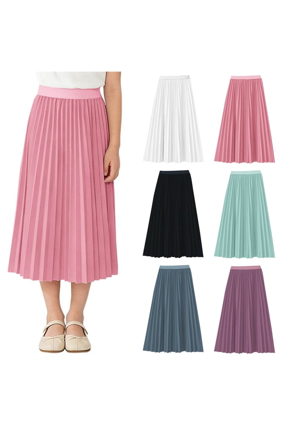 Kids Flowy Skater Skirts Solid Color Elastic Waist Swing Midi Skirt High Waist A-Line Pleated Skirts Green