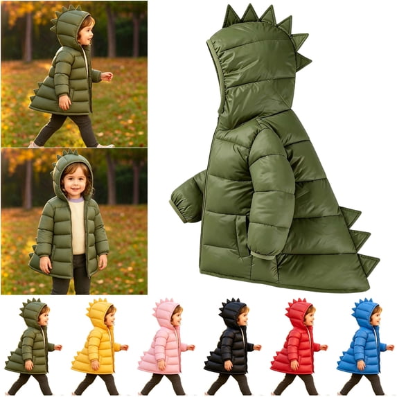 lcziwo Kids Girl Winter Hooded Puffer Jackets Cute Dinosaur Zip Front Quilted Coat Outerwear with Pockets