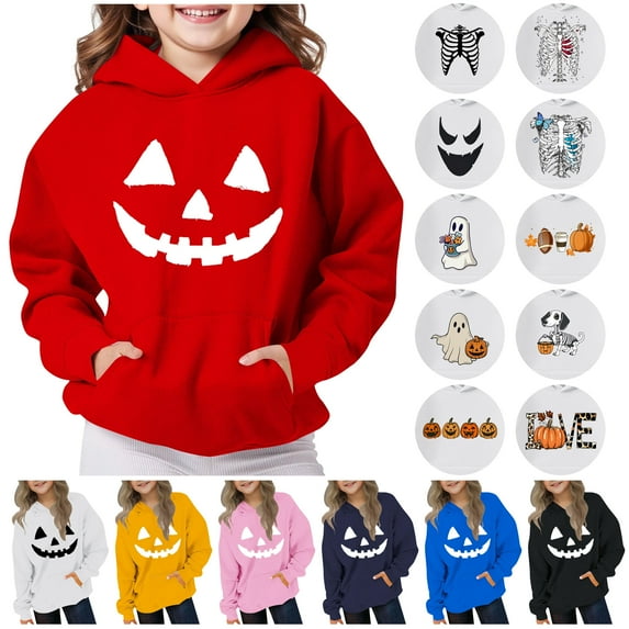lcziwo Kids Halloween Sweatshirt Funny Graphic Hoodies Long Sleeve Boys Girls Fleece Pullover Tops Spooky Season Sweatshirts Navy 150