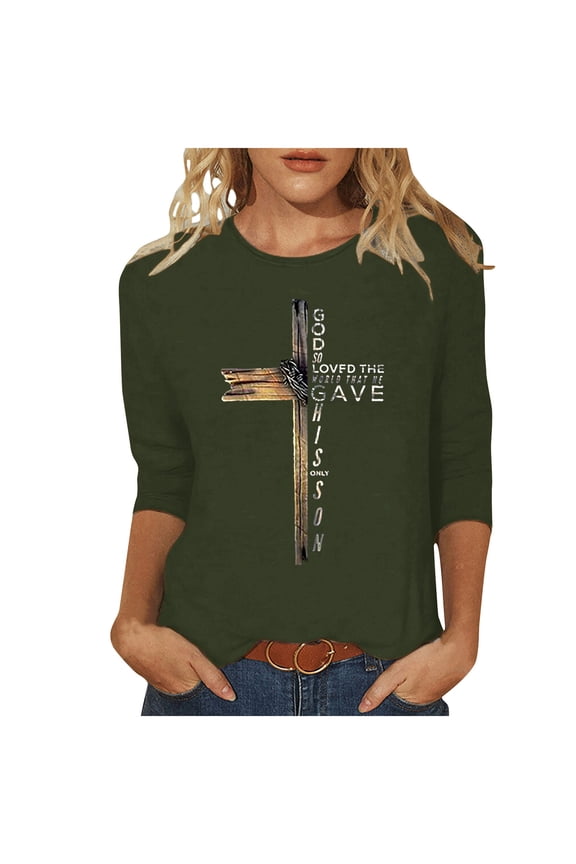 Ladies 3/4 Sleeve Tops Happy Easter Religious Tshirt Jesus Cross Graphic Tees Casual Dressy 2025 Tunic Top Party Holiday Blouses Army Green,XL