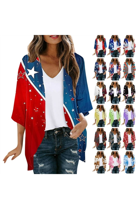 Ladies 4th of July Outfits Kimono Cardigans American Flag Graphic Swimsuits Cover Up Tops Summer Plus Size 3/4 Sleeve Chiffon Cardigan Multicolor XXXL Limited Time Sale