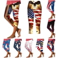 thumbnail image 1 of lcziwo Ladies High Waisted Yoga Leggings Independence Day Patriotic Flag Printed Capri Pants 4th of July Outfits Blue L, 1 of 6